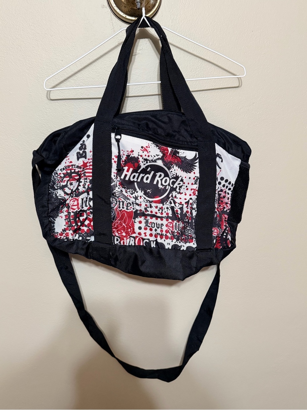Hard Rock Cafe Black White Tote with Red Graphic Accents